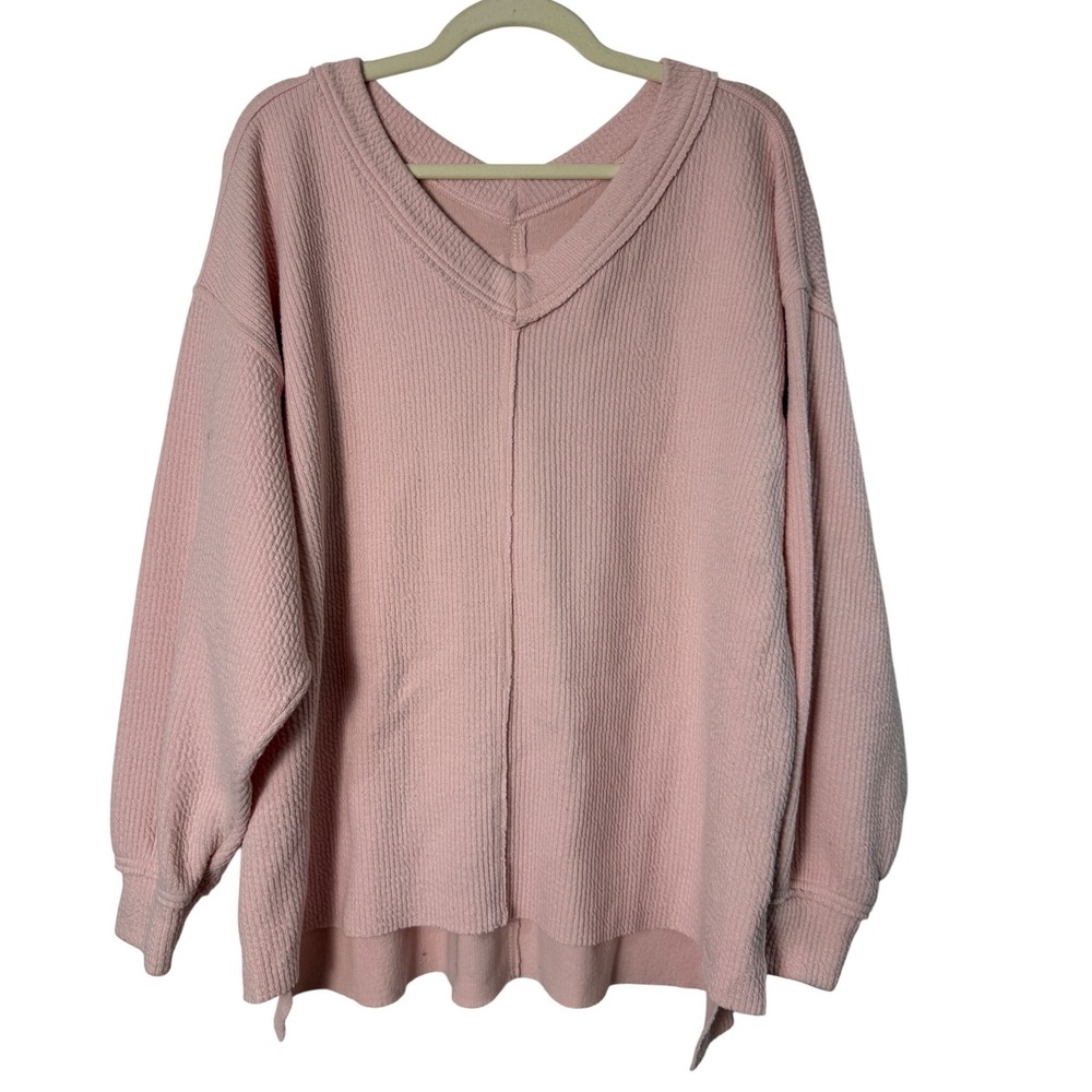 Aerie Waffle Knit V-Neck Pullover Women Medium Pink Excellent Oversized Slouchy